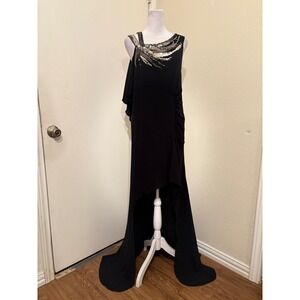 BCBGMAXAZRIA Runway Black One Shoulder Beaded High Low Gown Dress XS